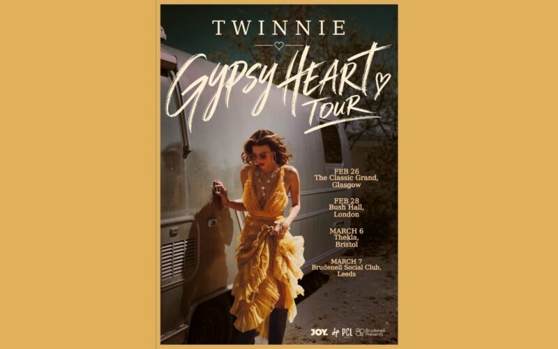 Twinnie’s Gypsy Heart Tour 2027 poster listing shows in Glasgow, London, Bristol and Leeds.